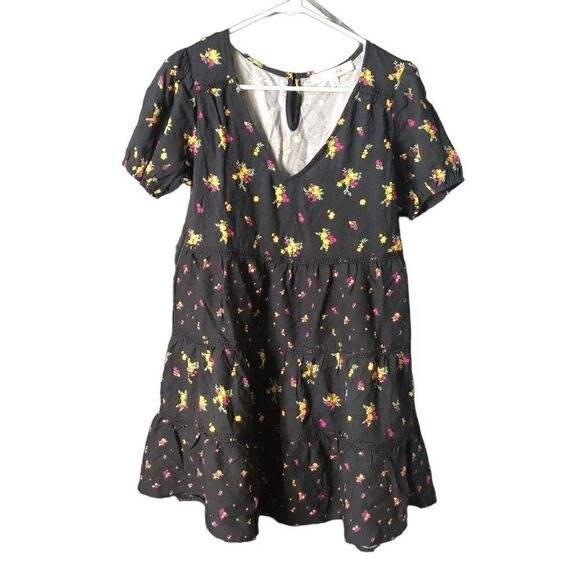 ROW A Floral Print Puff Short Sleeve V-Neck Babydoll Mini Dress Size M NWT - Picture 1 of 11